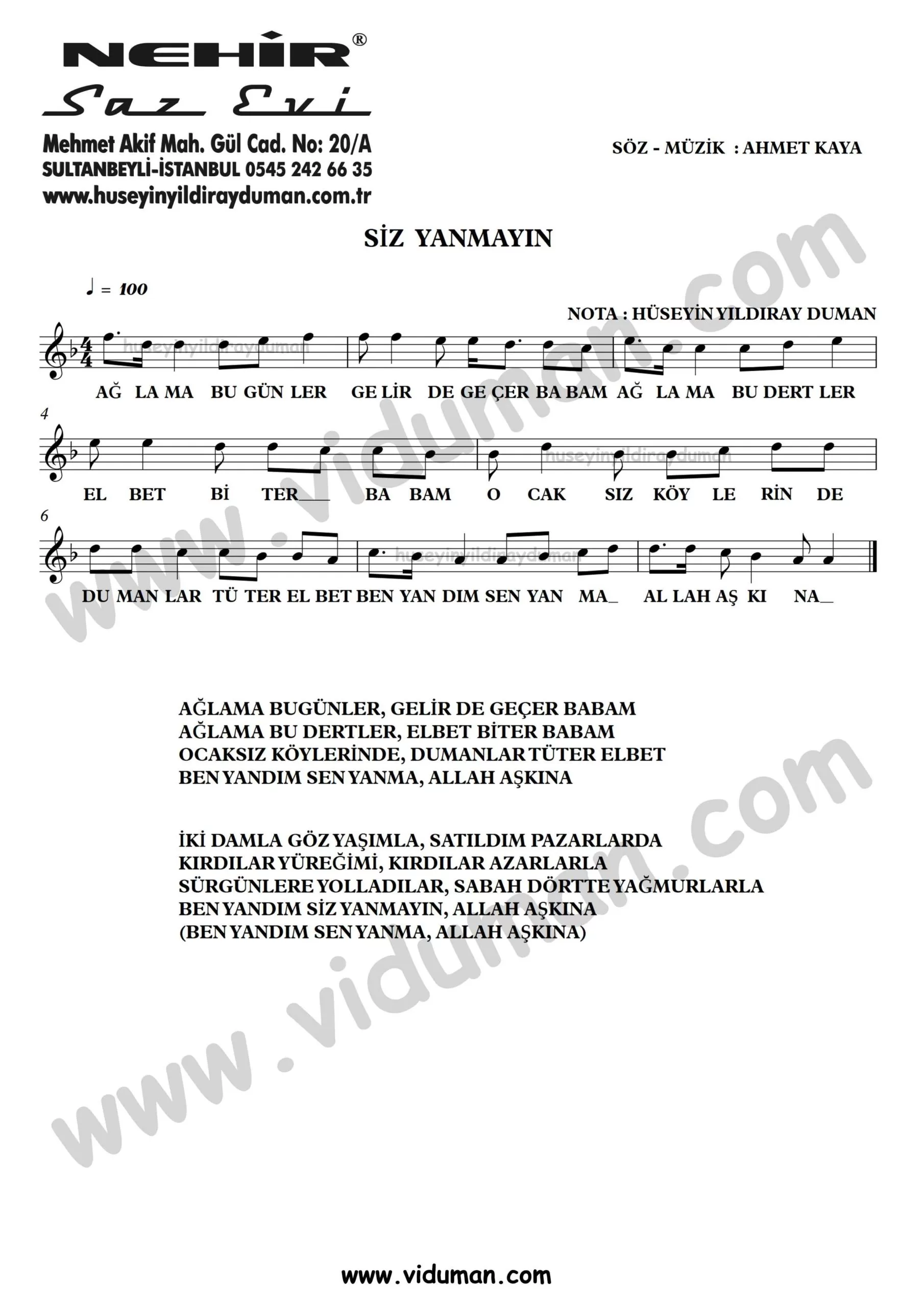 Siz Yanmayin-Ahmet Kaya-Baglama-Saz-Turku-Notalari