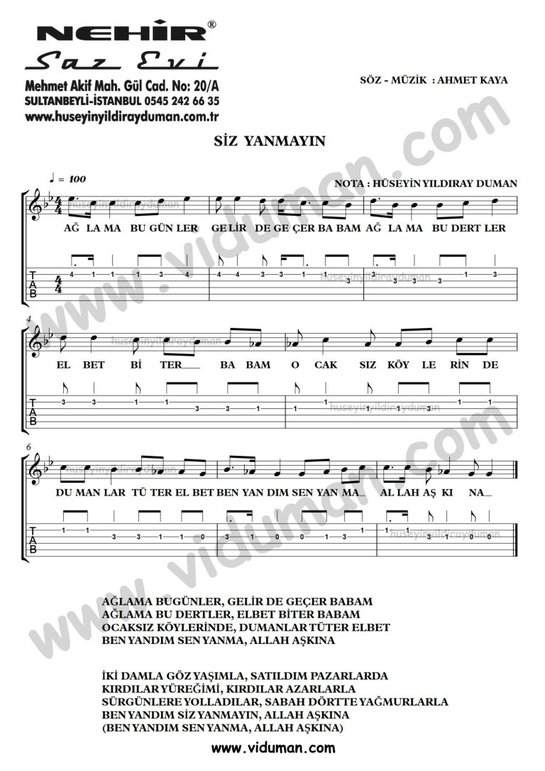 Siz Yanmayin-Ahmet Kaya-Gitar Tab-Solo Notalari