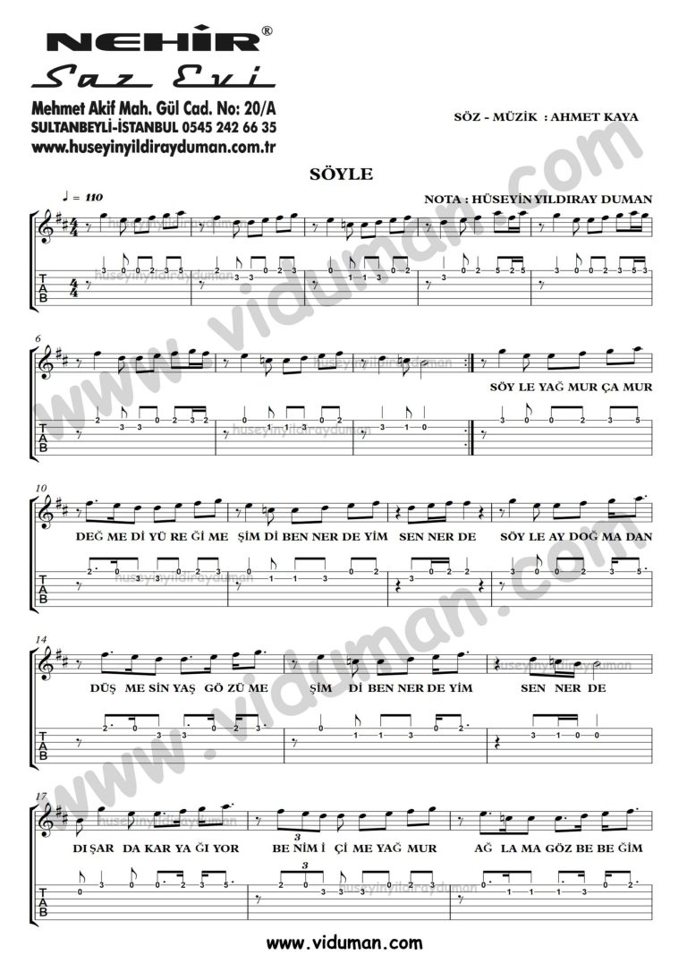 Soyle_1-Ahmet Kaya-Gitar Tab-Solo Notalari