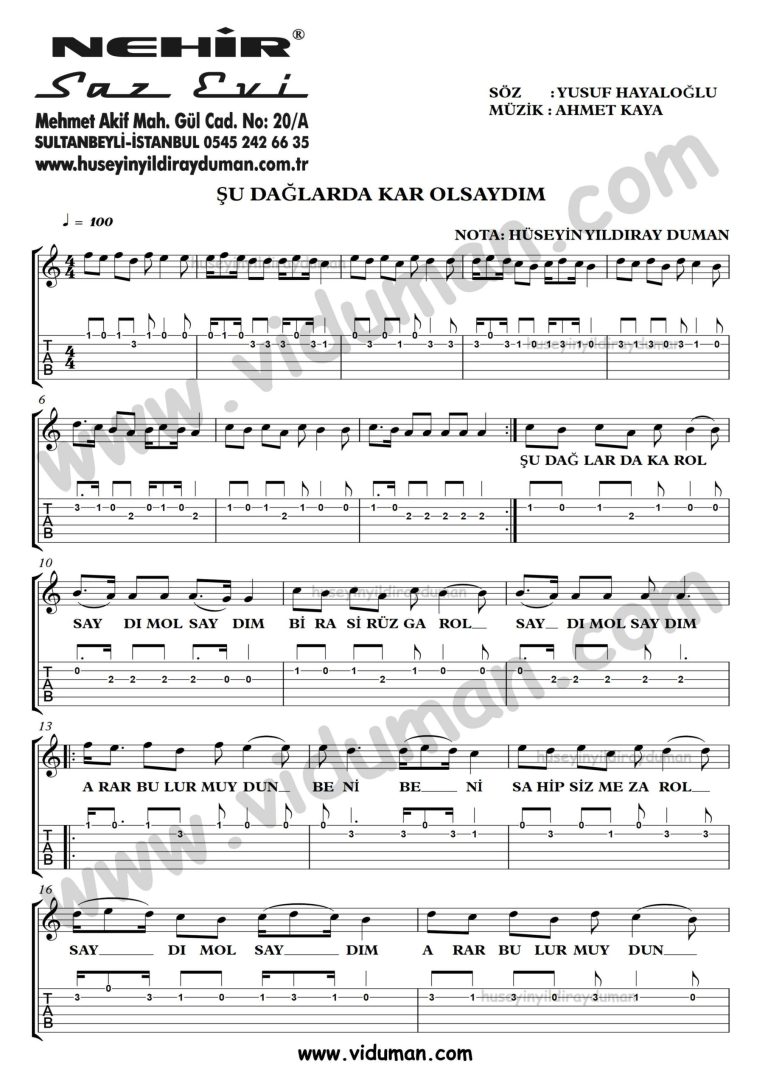 Su Daglarda Kar Olsaydim_1-Ahmet Kaya-Gitar Tab-Solo Notalari