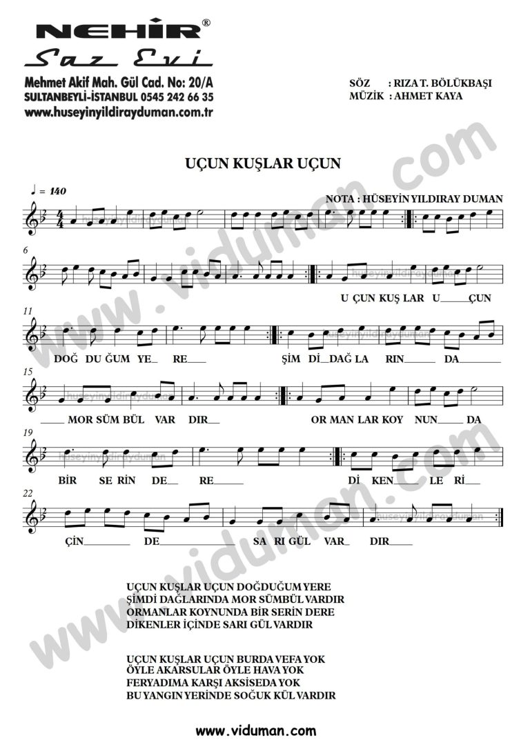 Ucun Kuslar Ucun-Ahmet Kaya-Baglama-Saz-Turku-Notalari