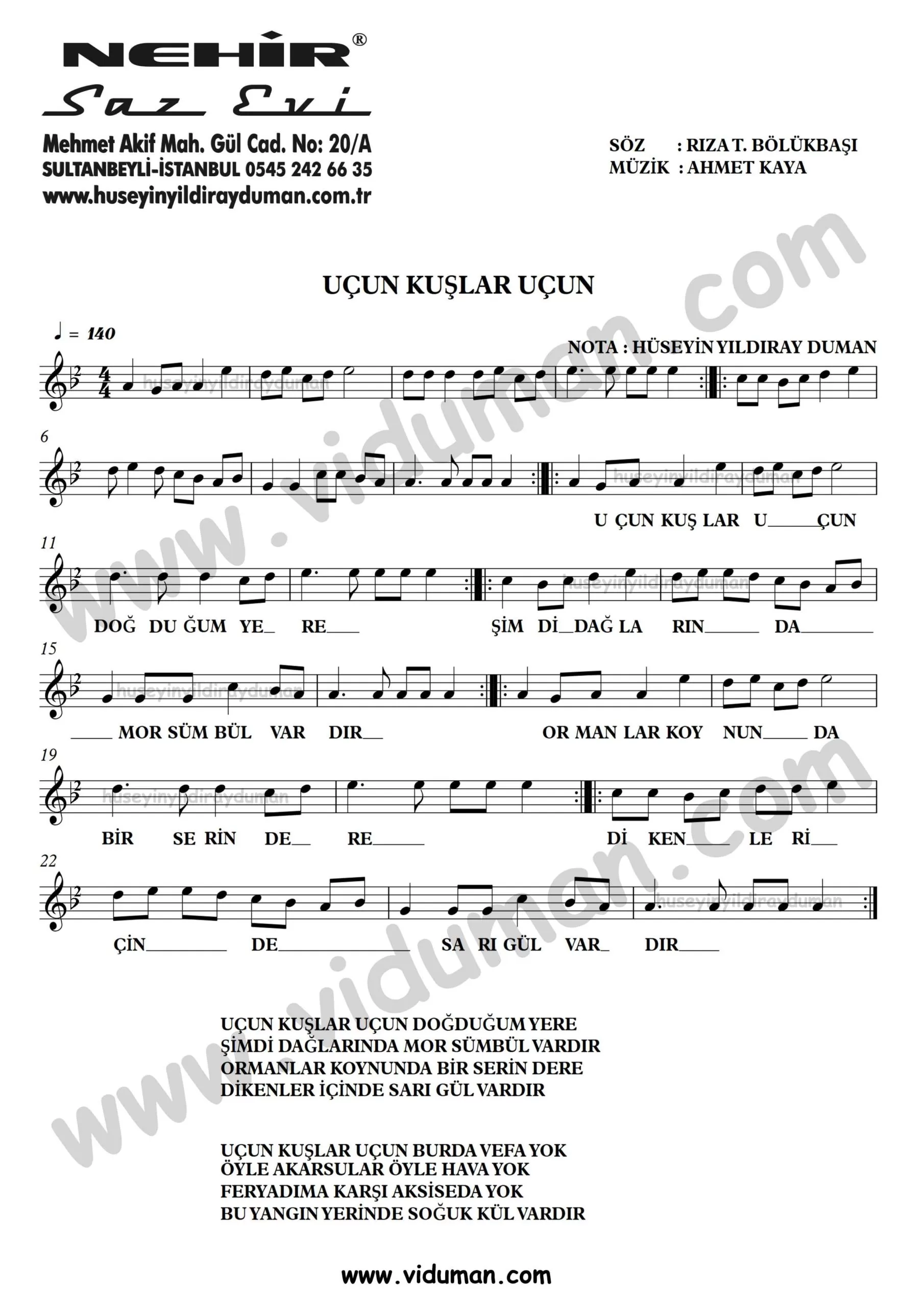 Ucun Kuslar Ucun-Ahmet Kaya-Baglama-Saz-Turku-Notalari