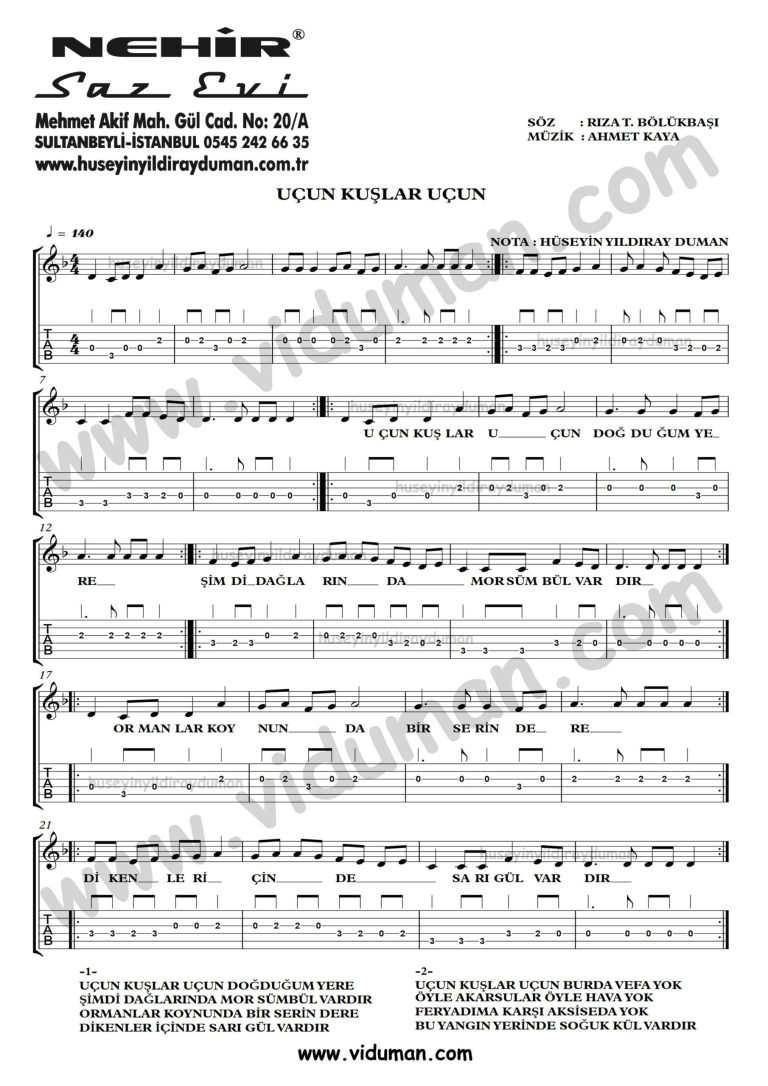 Ucun Kuslar Ucun-Ahmet Kaya-Gitar Tab-Solo Notalari