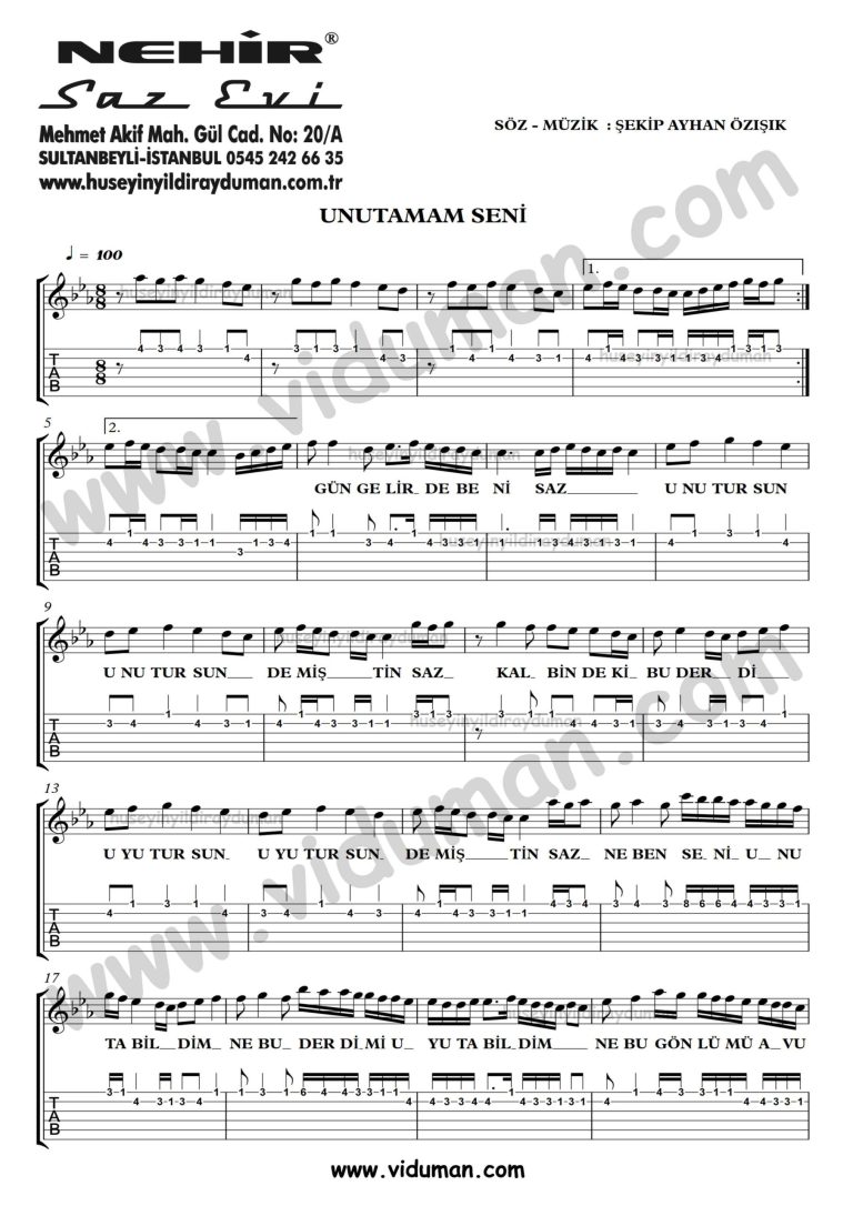 Unutamam Seni_1-Ahmet Kaya-Gitar Tab-Solo Notalari