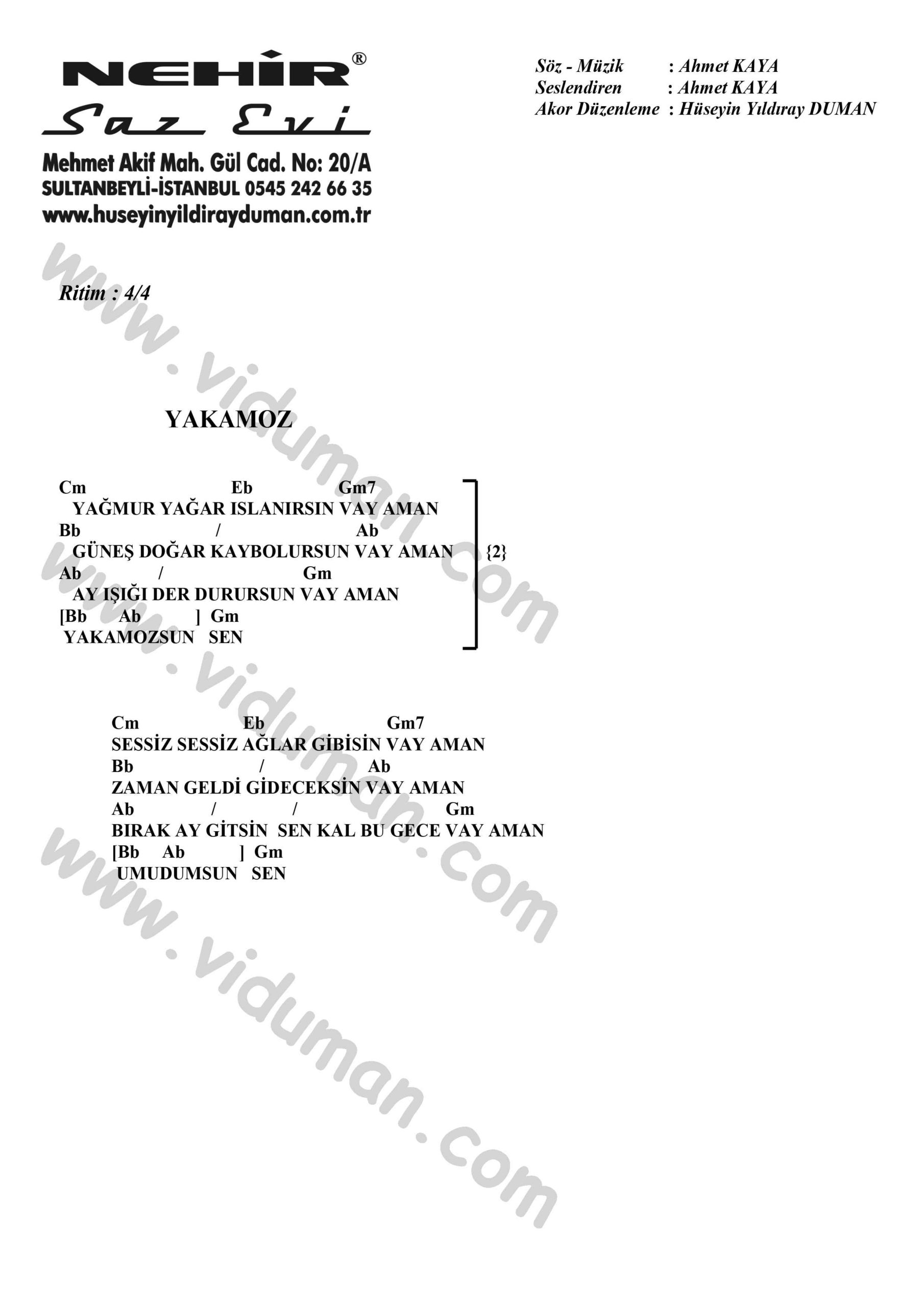 Yakamoz-Ahmet Kaya-Ritim-Gitar-Akorlari