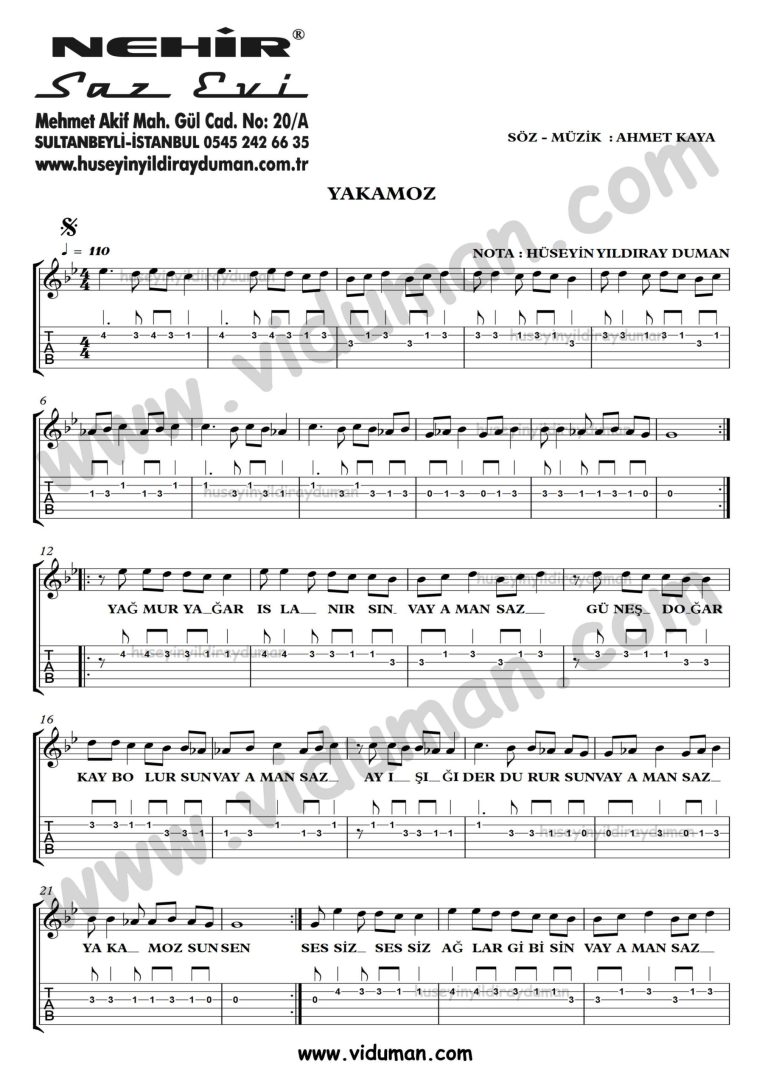Yakamoz_1-Ahmet Kaya-Gitar Tab-Solo Notalari