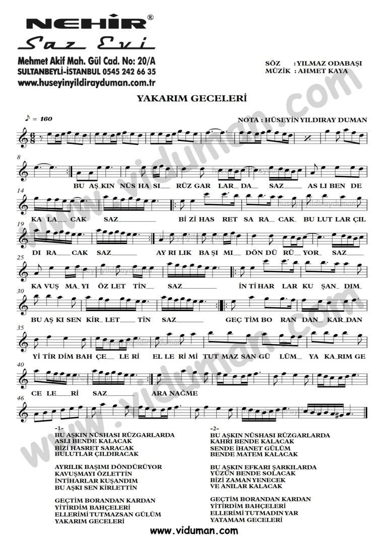 Yakarim Geceleri-Ahmet Kaya-Baglama-Saz-Turku-Notalari