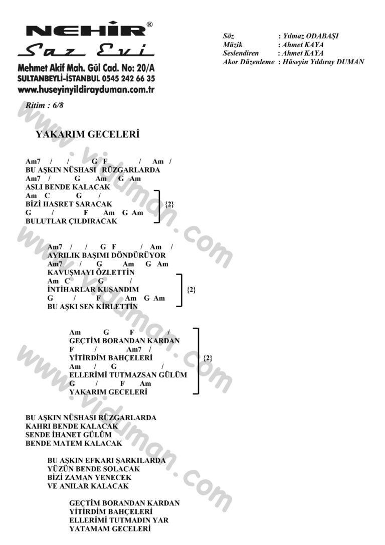 Yakarim Geceleri-Ahmet Kaya-Ritim-Gitar-Akorlari