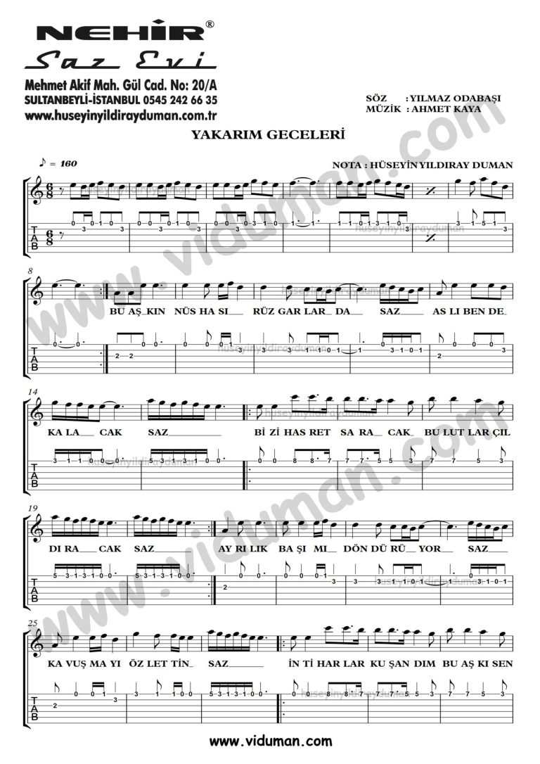Yakarim Geceleri_1-Ahmet Kaya-Gitar Tab-Solo Notalari
