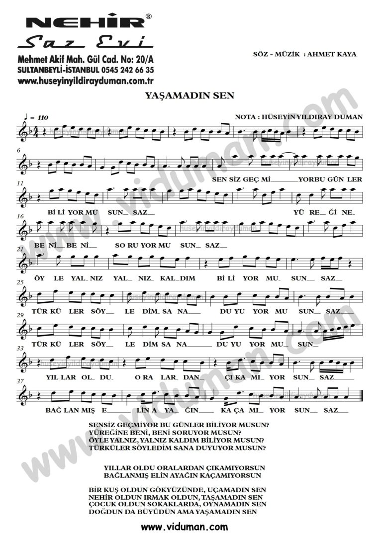 Yasamadin Sen-Ahmet Kaya-Baglama-Saz-Turku-Notalari