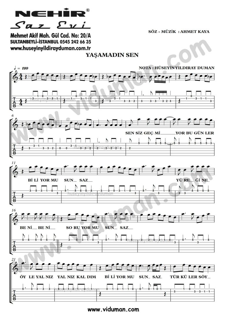 Yasamadin Sen_1-Ahmet Kaya-Gitar Tab-Solo Notalari