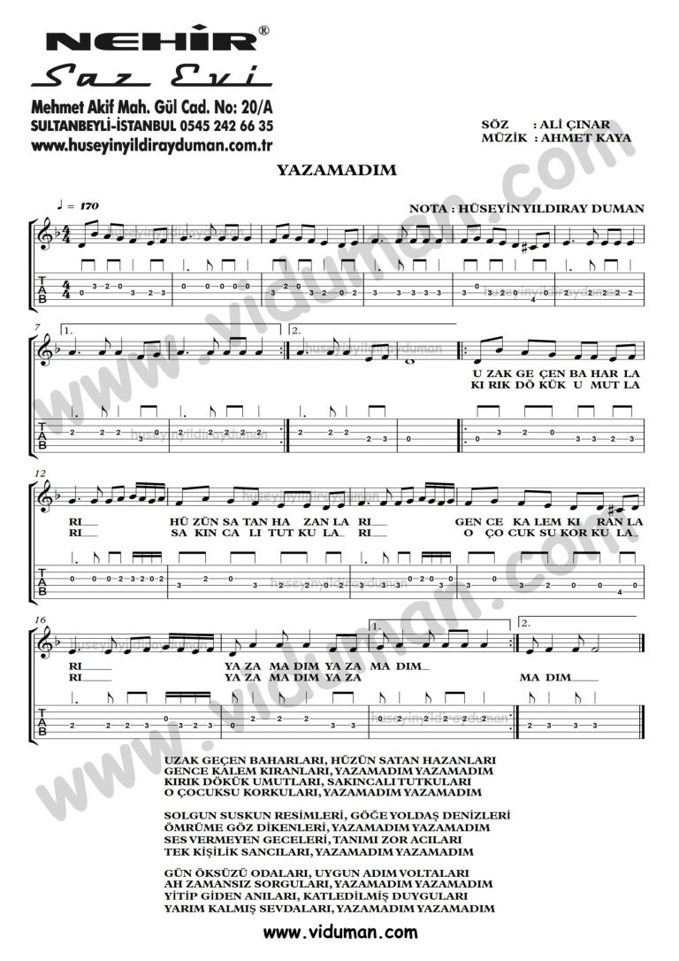 Yazamadim-Ahmet Kaya-Gitar Tab-Solo Notalari