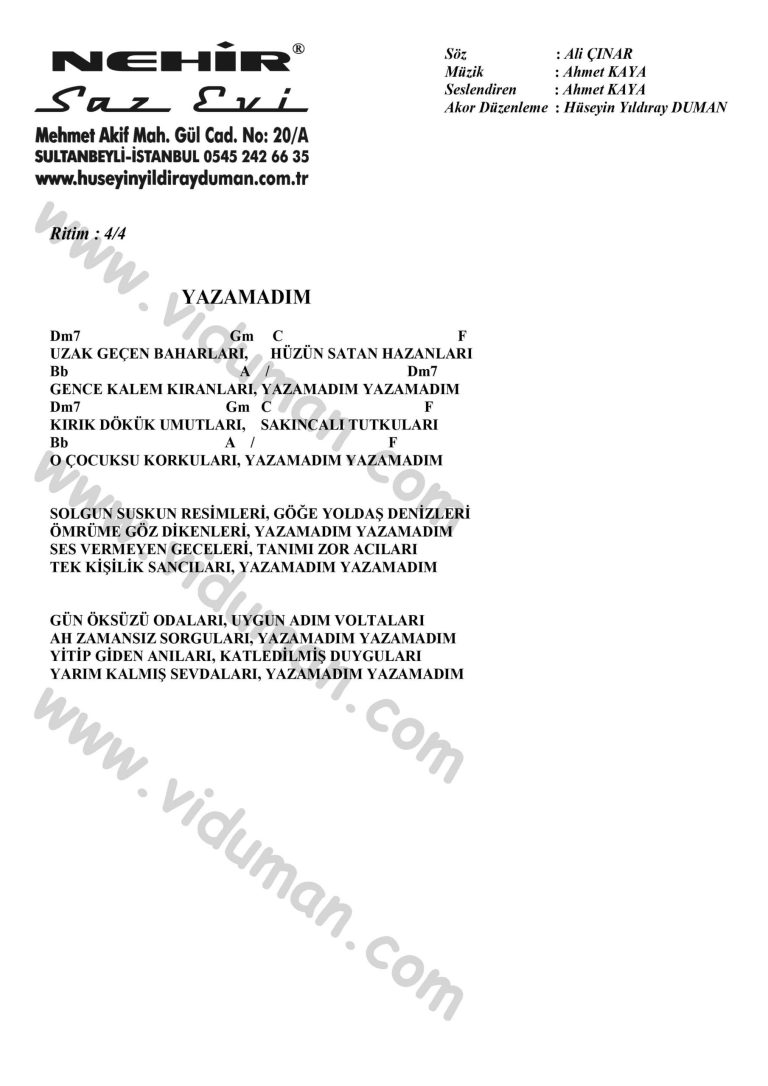Yazamadim-Ahmet Kaya-Ritim-Gitar-Akorlari