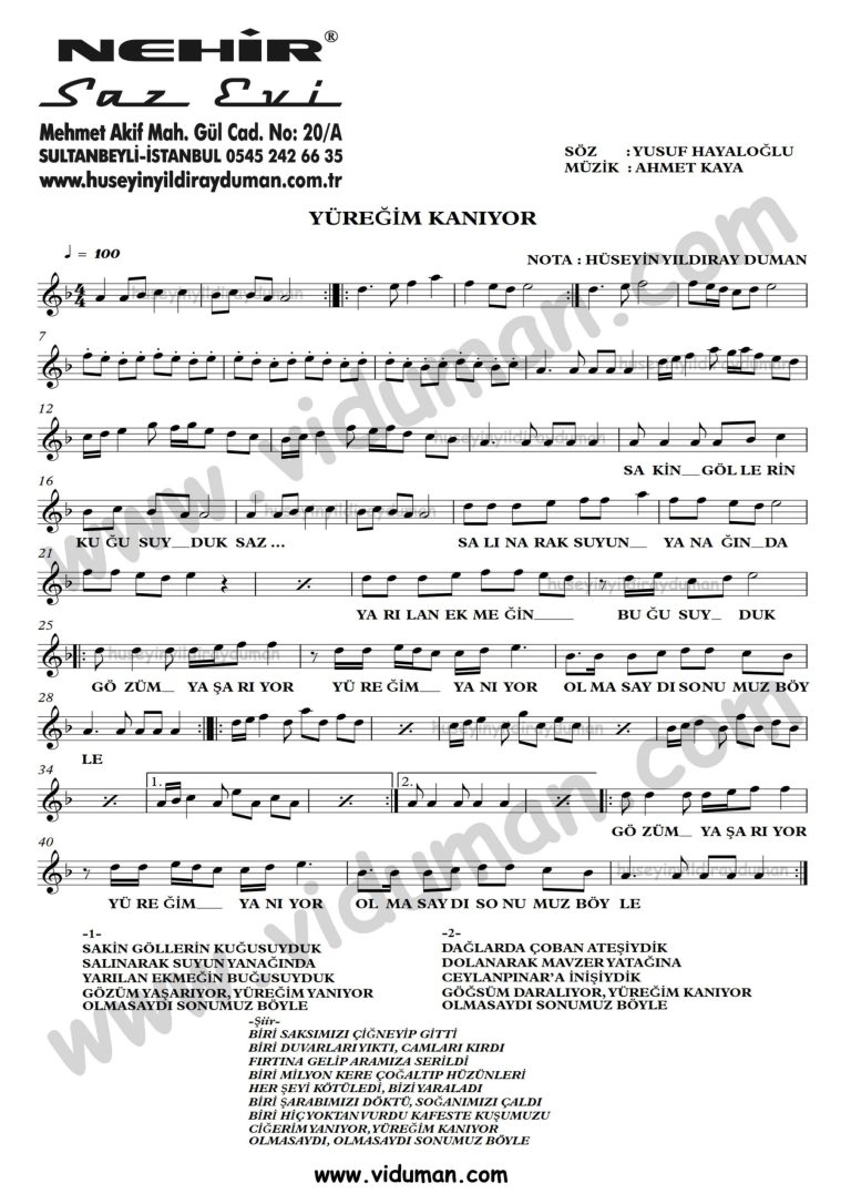 Yuregim Kaniyor-Ahmet Kaya-Baglama-Saz-Turku-Notalari