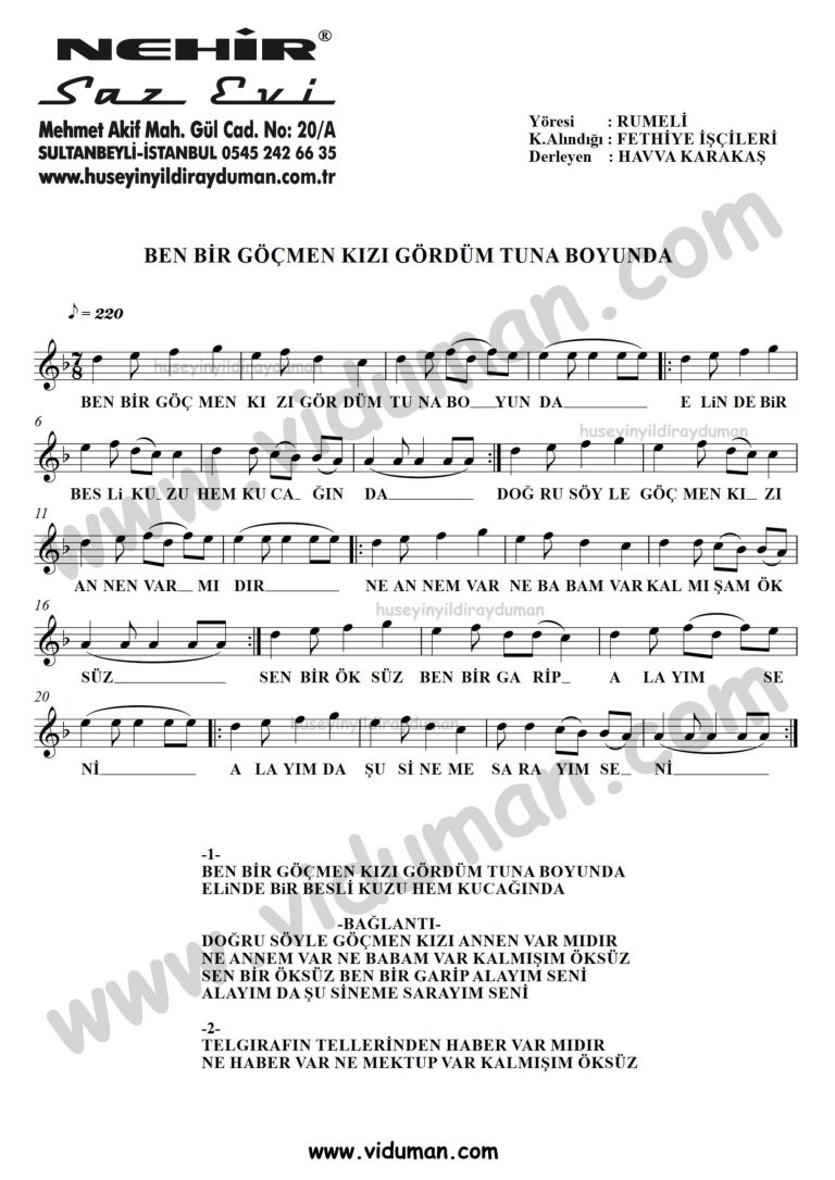 Ben Bir Gocmen Kizi Gordum Tuna Boyunda-Baglama-Saz-Turku-Notalari