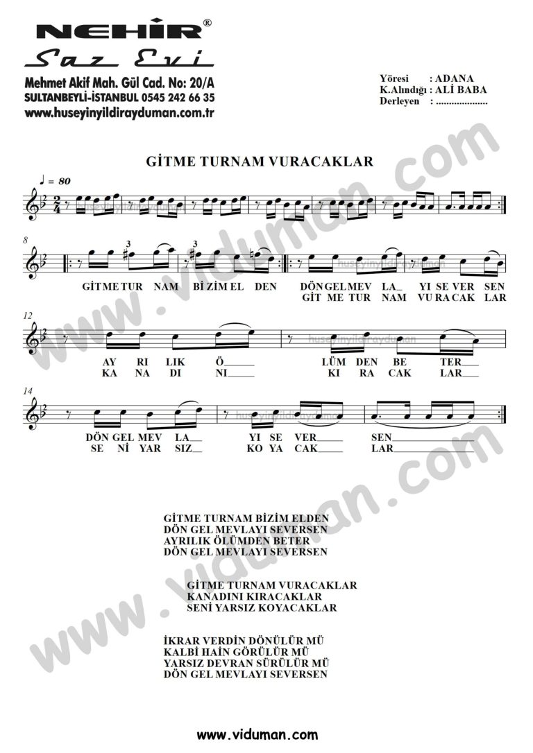 Gitme Turnam Vuracaklar-Baglama-Saz-Turku-Notalari