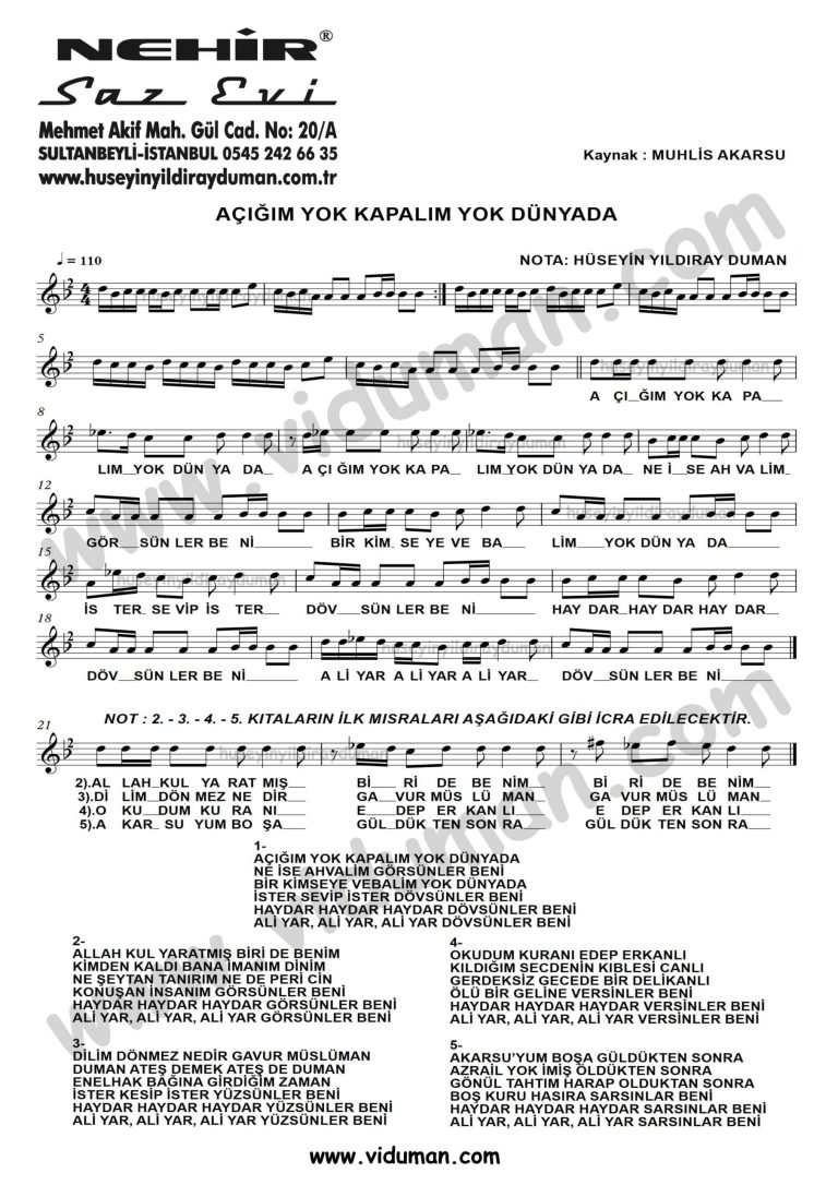 Acigim Yok-Baglama-Saz-Turku-Notalari