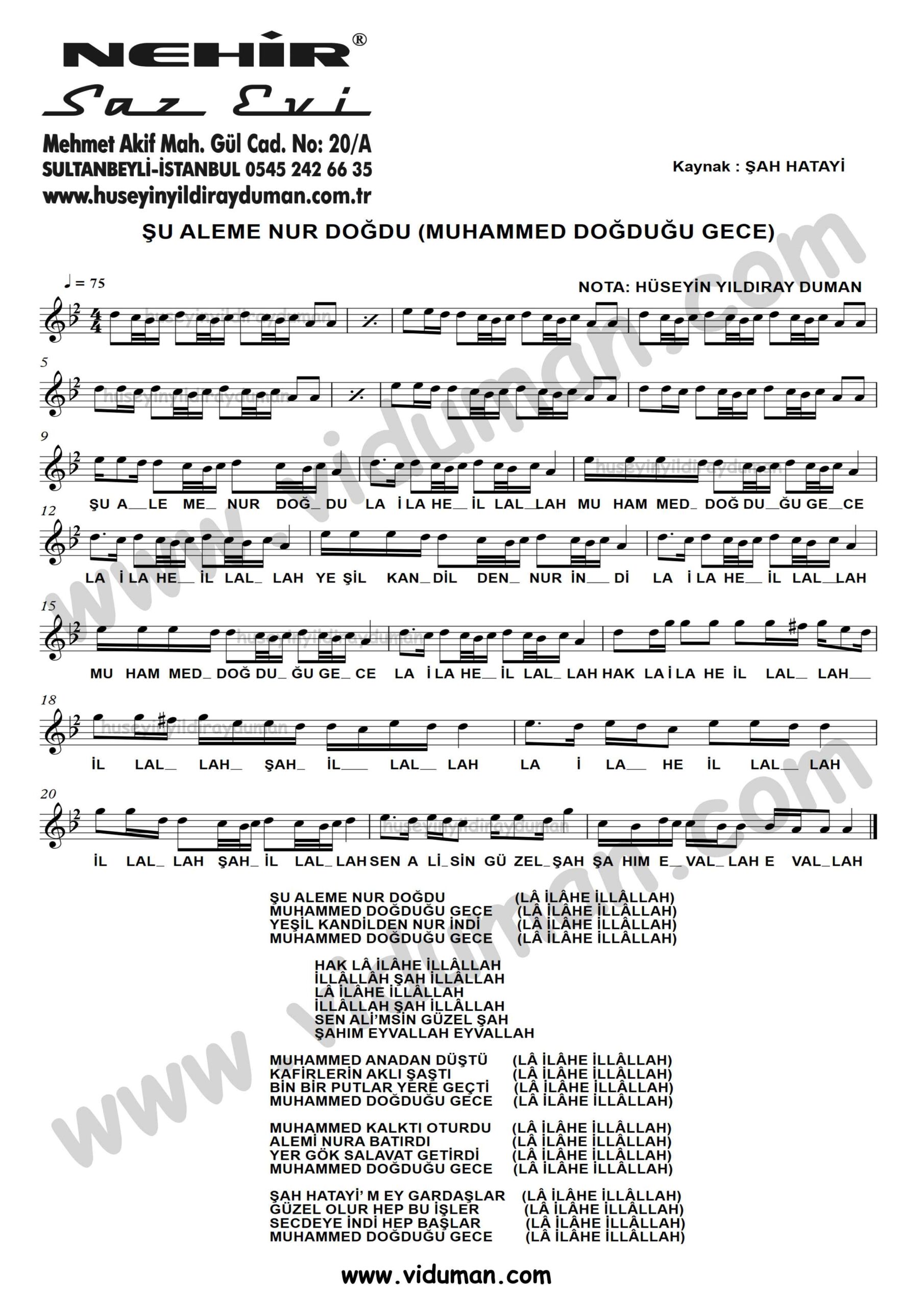 Su Aleme Nur Dogdu (Muhammed Dogdugu Gece)-Baglama-Saz-Turku-Notalari