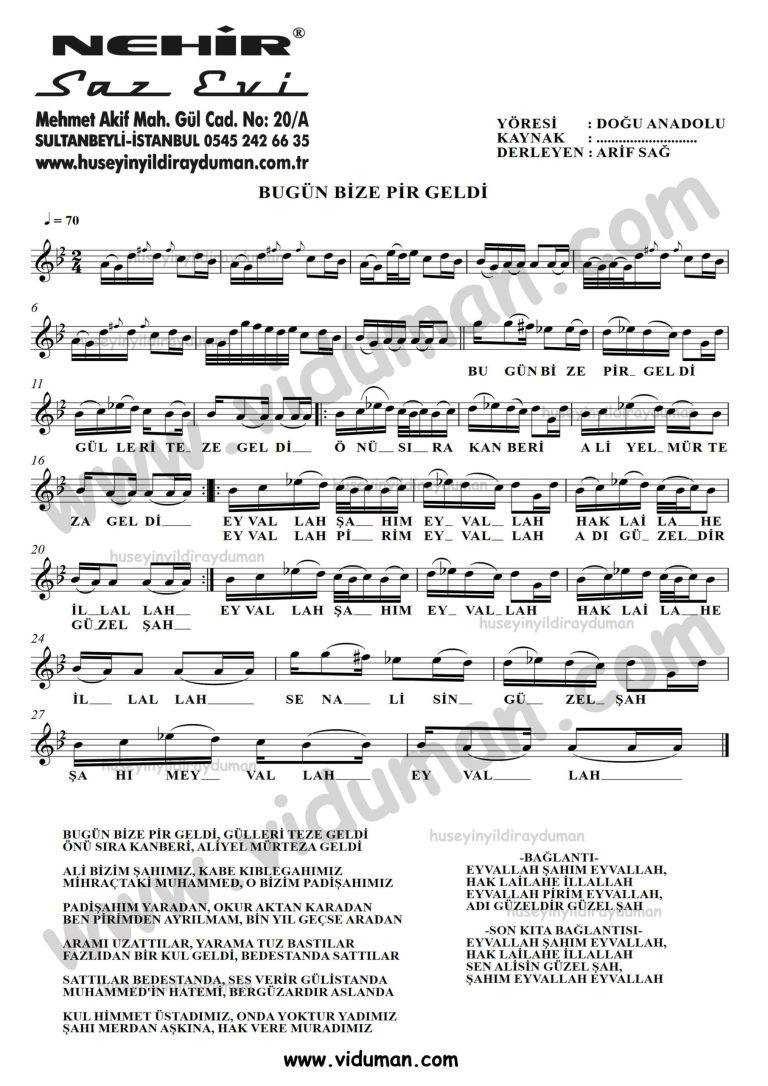 Bugun Bize Pir Geldi-Baglama-Saz-Turku-Notalari