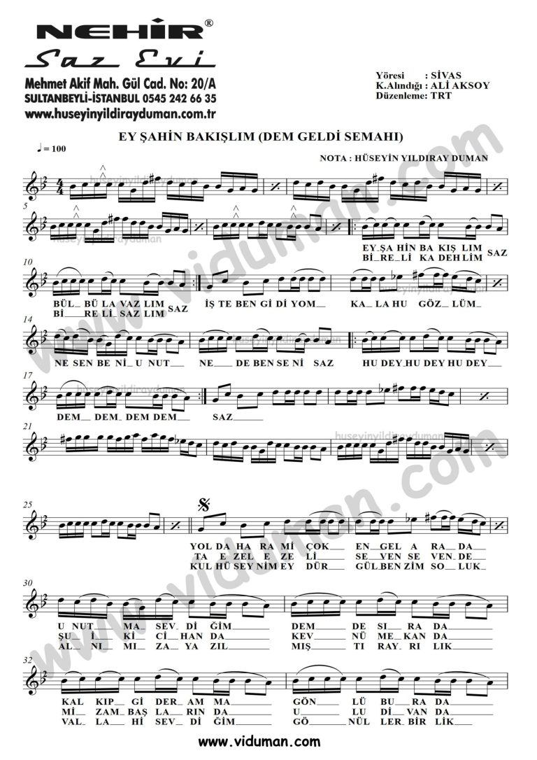 Ey Sahin Bakislim Dem Geldi Semahi_1-Baglama-Saz-Turku-Notalari