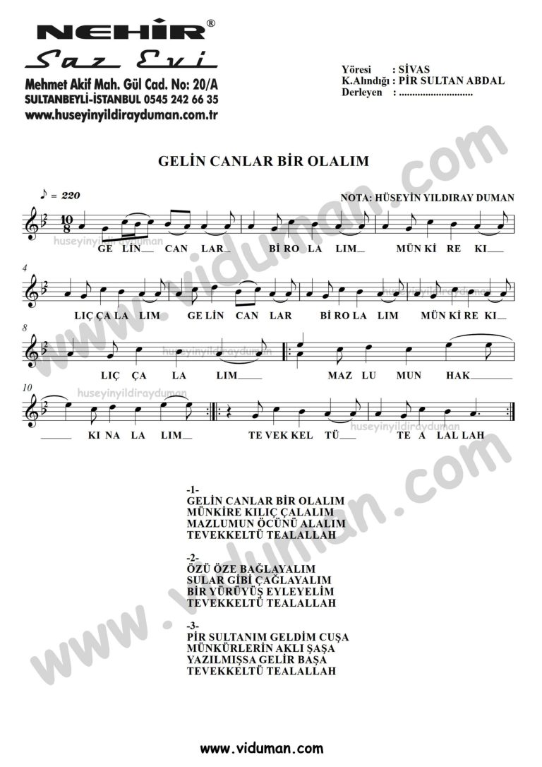 Gelin Canlar Bir Olalim-Baglama-Saz-Turku-Notalari