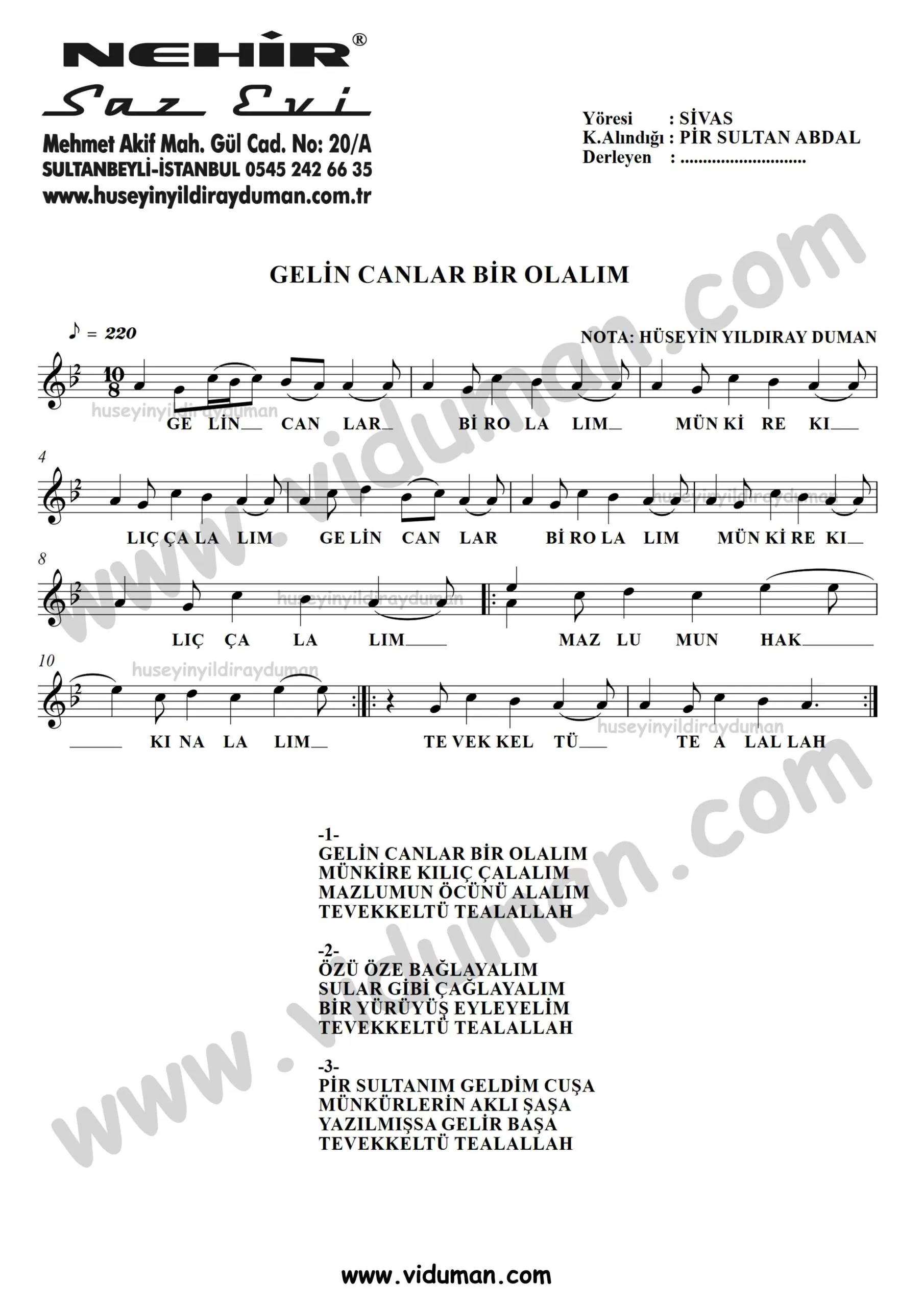 Gelin Canlar Bir Olalim-Baglama-Saz-Turku-Notalari