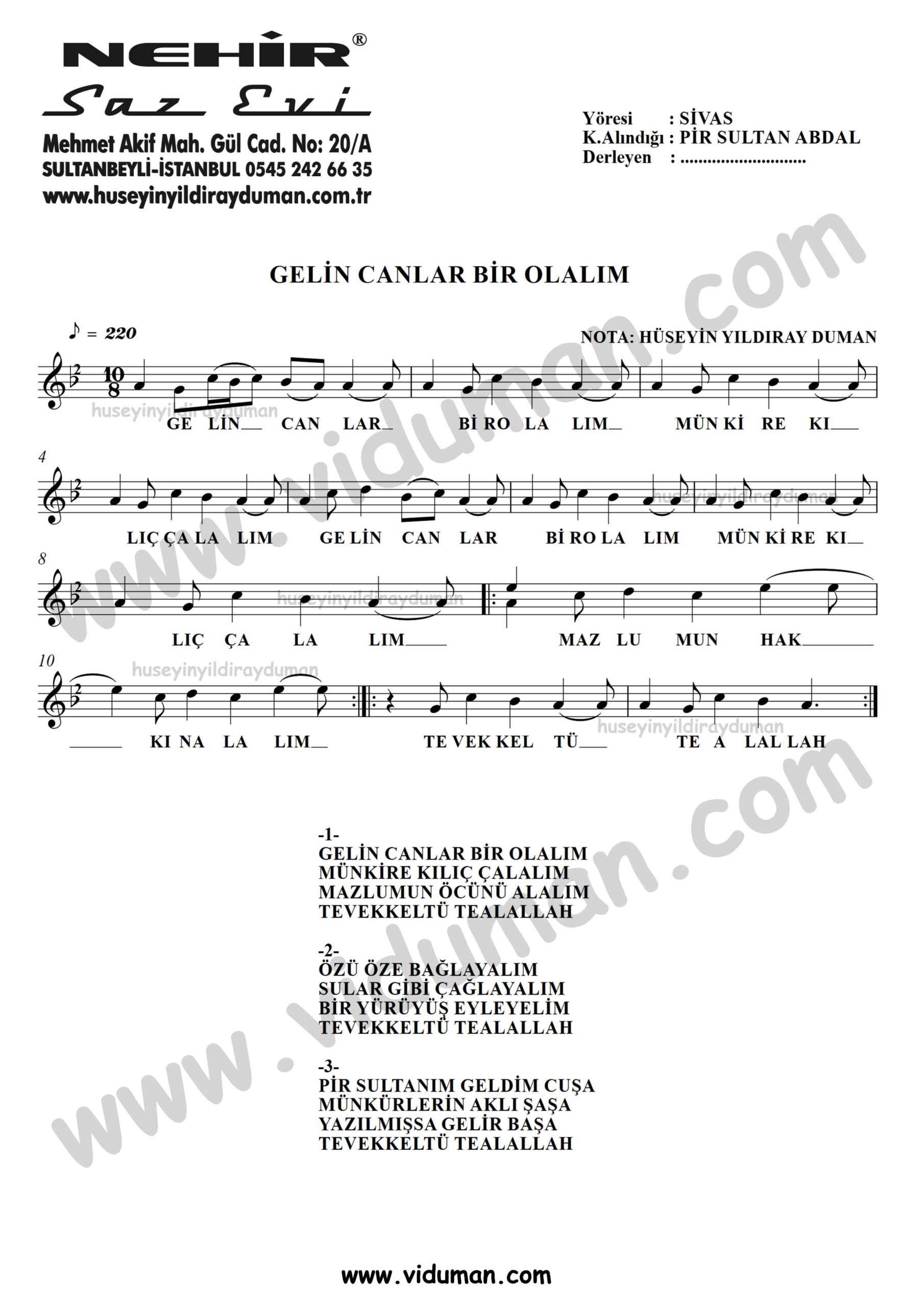 Gelin Canlar Bir Olalim-Baglama-Saz-Turku-Notalari