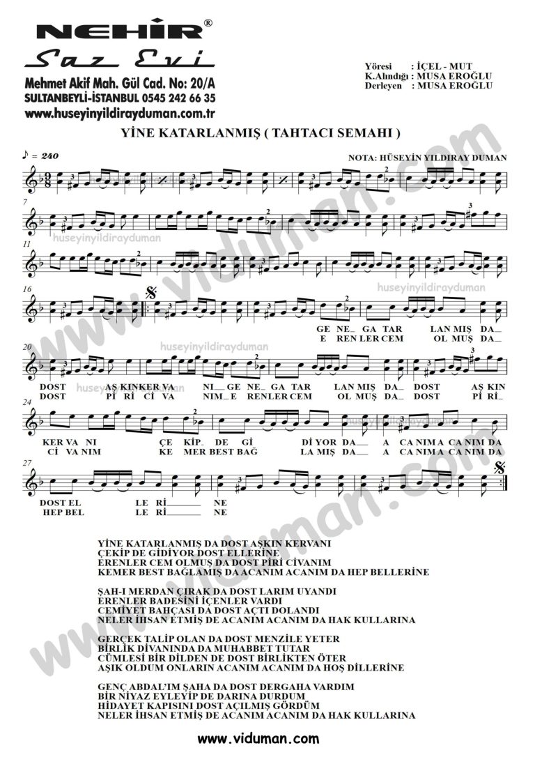 Yine Katarlanmis Tahtaci Semahi-Baglama-Saz-Turku-Notalari