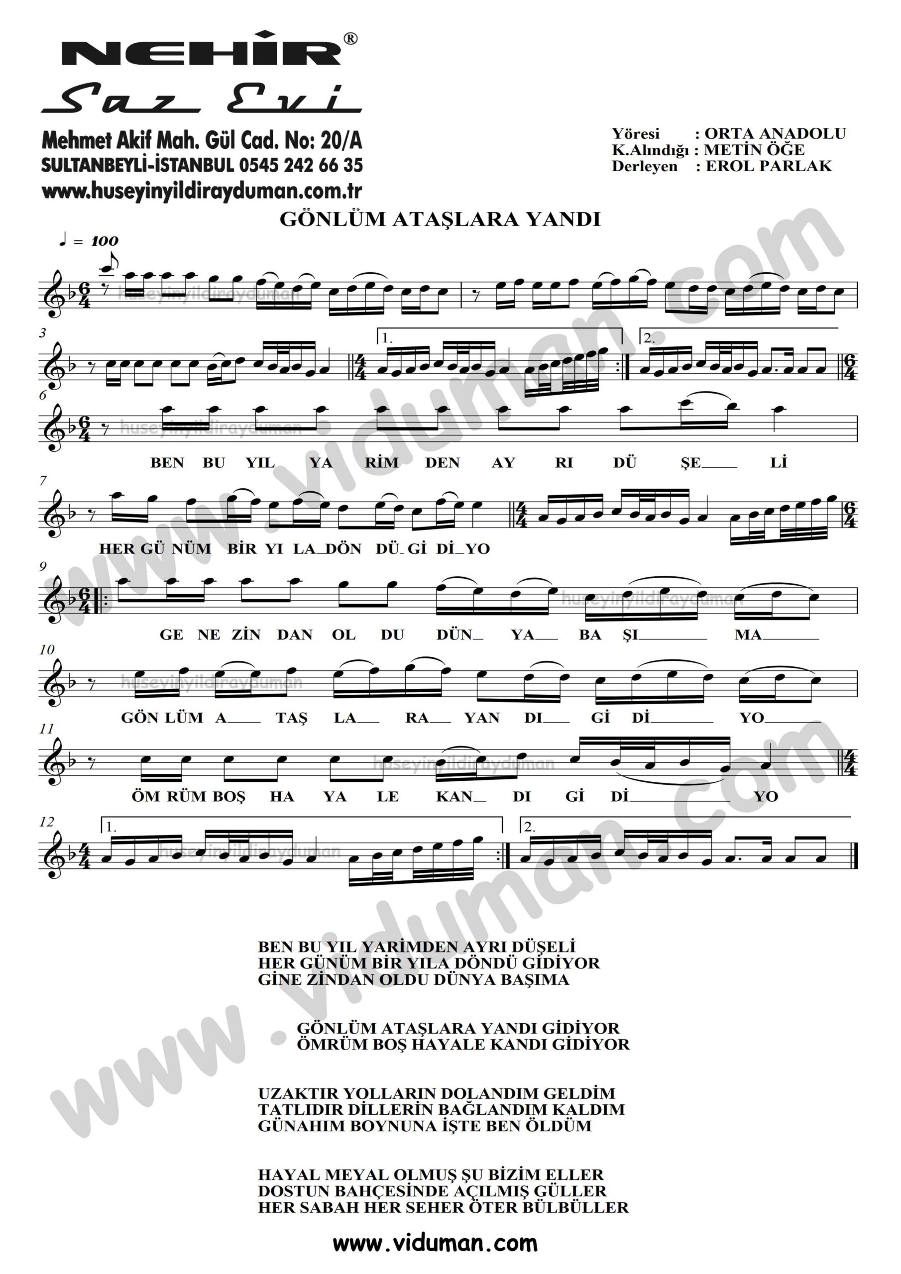 Gonlum Ataslara Yandi-Baglama-Saz-Turku-Notalari