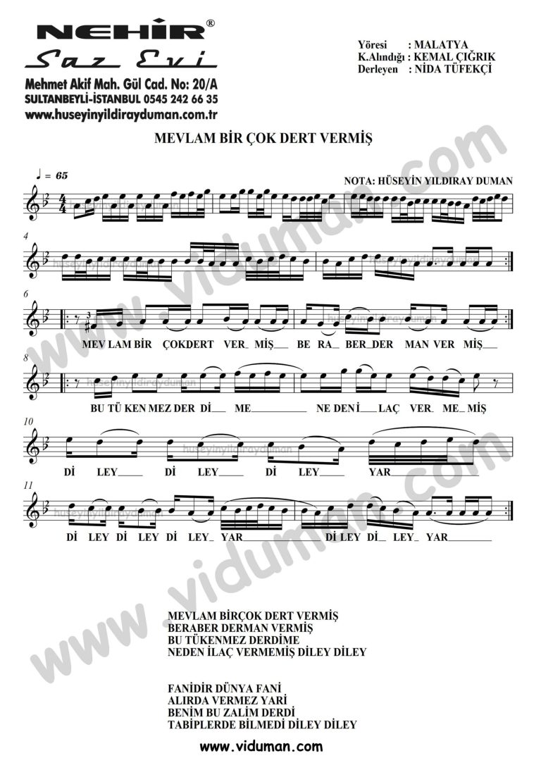 Mevlam Bir Cok Dert Vermis-Baglama-Saz-Turku-Notalari