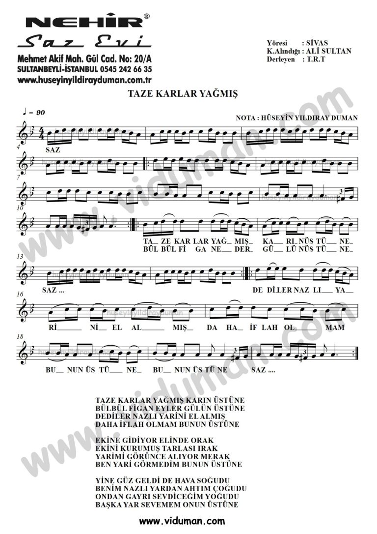 Taze Karlar Yagmis Karin Ustune-Baglama-Saz-Turku-Notalari