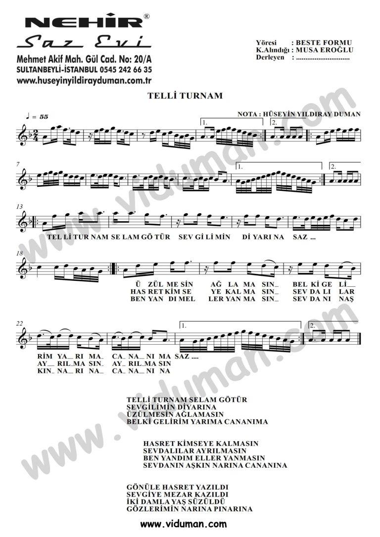 Telli Turnam-Baglama-Saz-Turku-Notalari