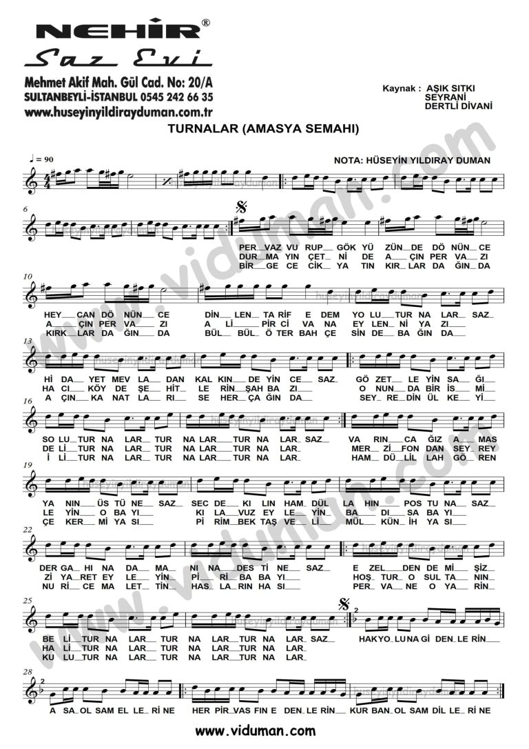 Turnalar (Amasya Semahı) – Kısa Sap Bağlama-Saz Türkü Notaları