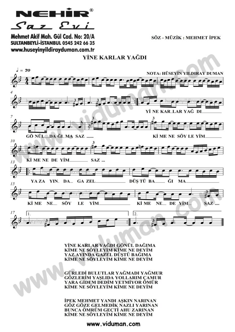 Yine Karlar Yagdi-Baglama-Saz-Turku-Notalari